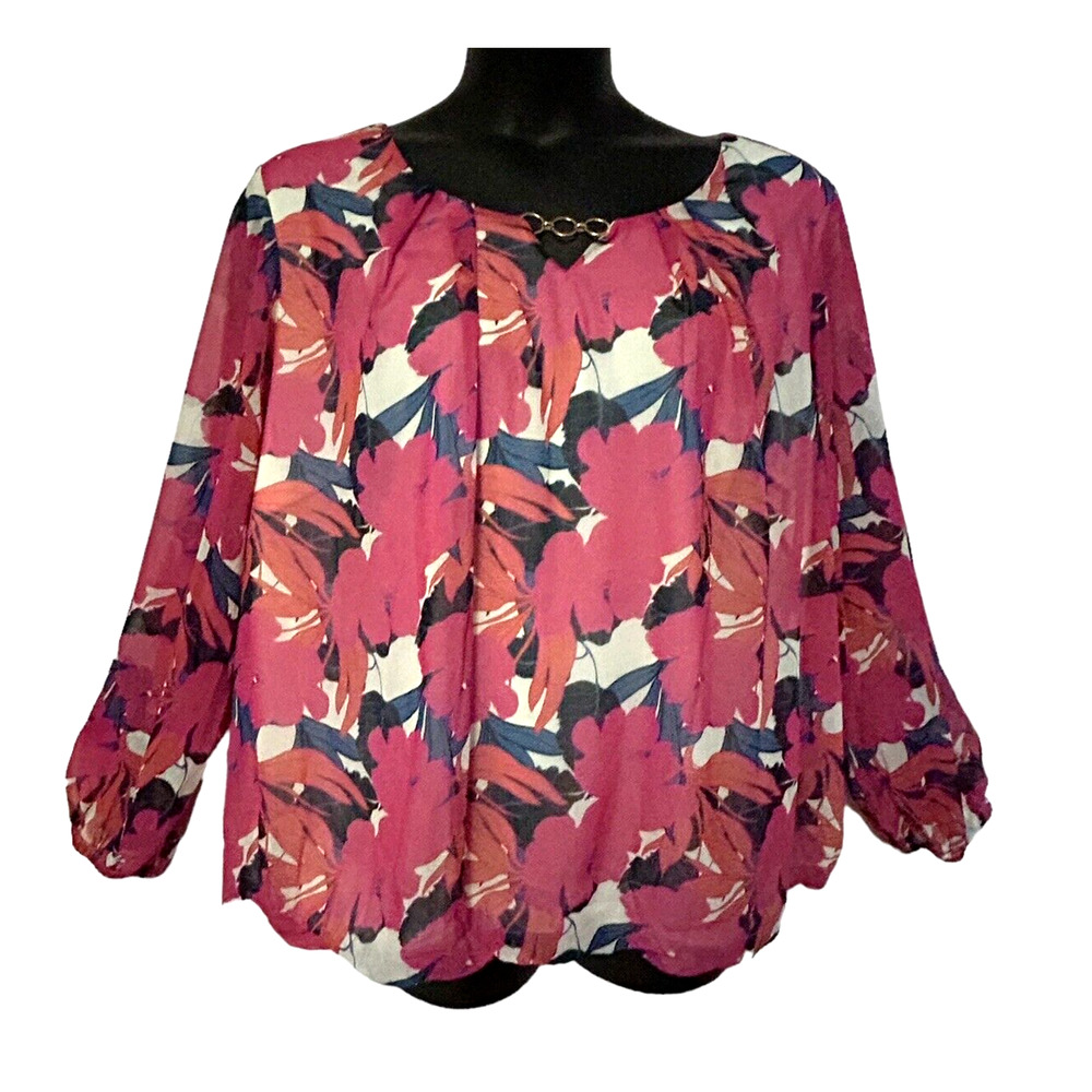 Monroe & Main Chiffon Overlay Pink Floral Blouson Career Dinner Party Guest Top - Picture 2 of 16